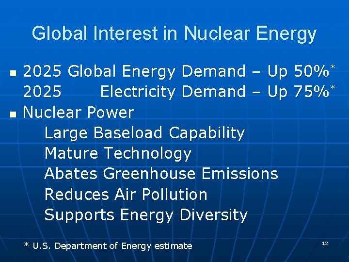 Global Interest in Nuclear Energy n n 2025 Global Energy Demand – Up 50%*