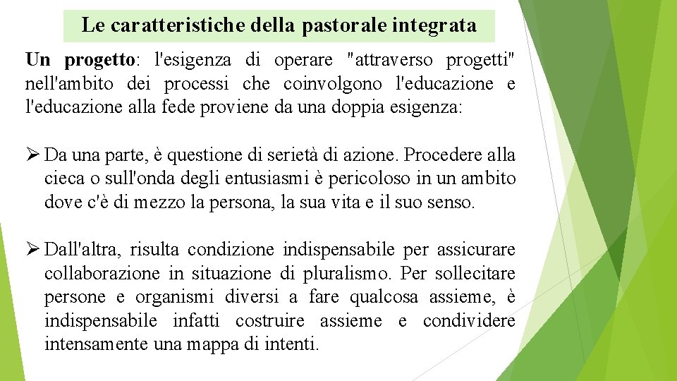 Le caratteristiche della pastorale integrata Un progetto: l'esigenza di operare "attraverso progetti" nell'ambito dei