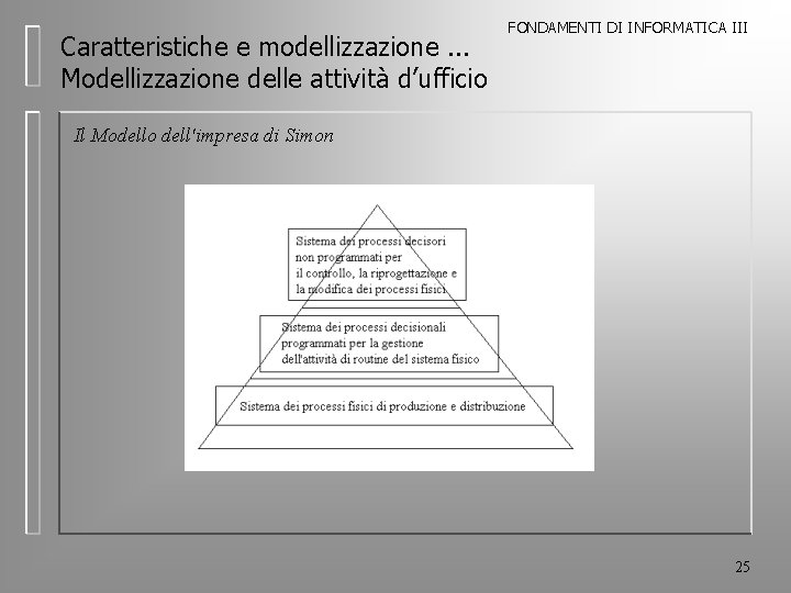 Caratteristiche e modellizzazione. . . Modellizzazione delle attività d’ufficio FONDAMENTI DI INFORMATICA III Il
