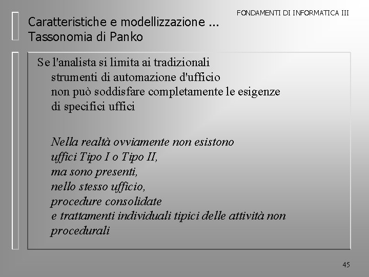 Caratteristiche e modellizzazione. . . Tassonomia di Panko FONDAMENTI DI INFORMATICA III Se l'analista