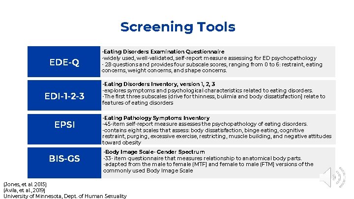 Screening Tools EDE-Q EDI-1 -2 -3 EPSI BIS-GS -Eating Disorders Examination Questionnaire -widely used,