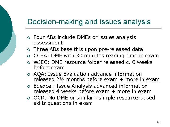 Decision-making and issues analysis ¡ ¡ ¡ ¡ Four ABs include DMEs or issues