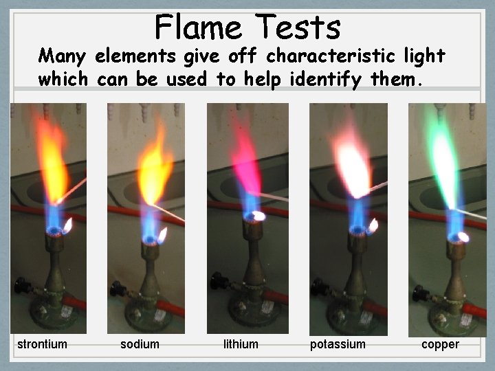 Flame Tests Many elements give off characteristic light which can be used to help