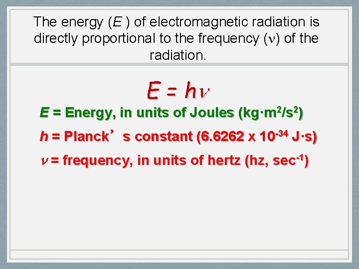 The energy (E ) of electromagnetic radiation is directly proportional to the frequency (