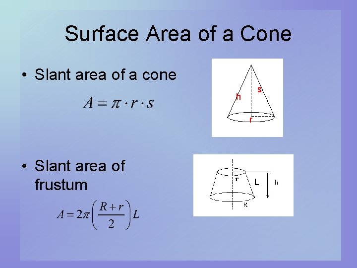 Surface Area of a Cone • Slant area of a cone s h r