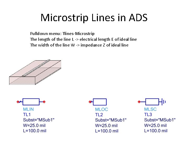 Microstrip Lines in ADS Pulldown menu: Tlines-Microstrip The length of the line L ->