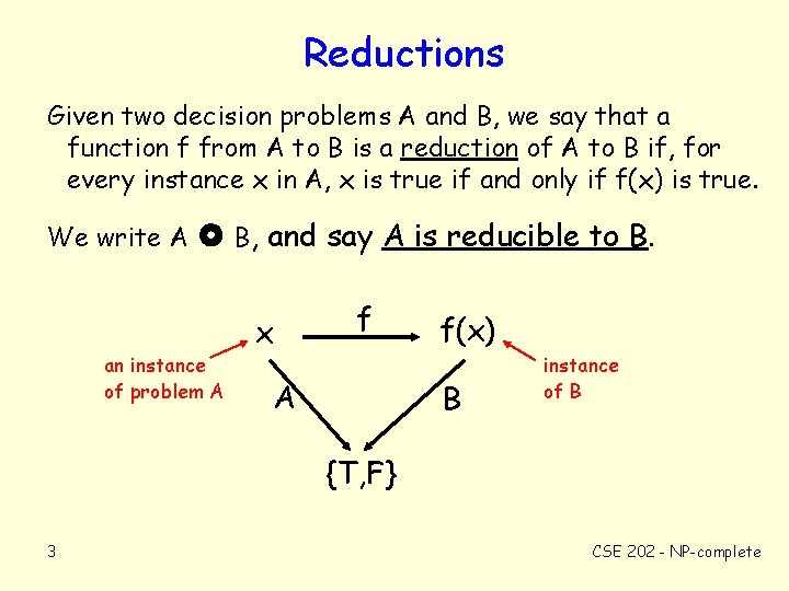 Reductions Given two decision problems A and B, we say that a function f