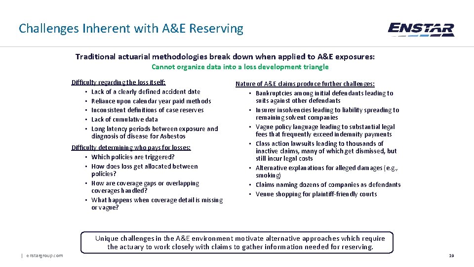 Challenges Inherent with A&E Reserving Traditional actuarial methodologies break down when applied to A&E