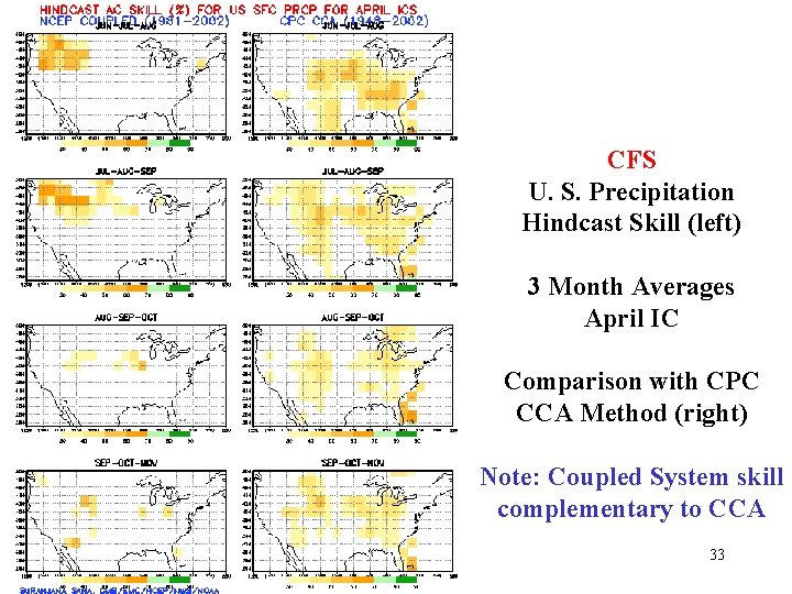 CFS U. S. Precipitation Hindcast Skill (left) 3 Month Averages April IC Comparison with