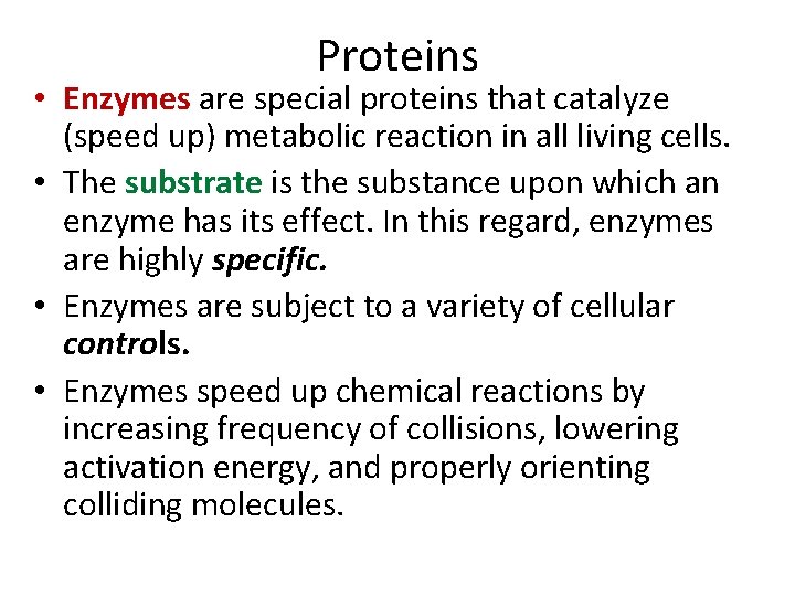 Proteins • Enzymes are special proteins that catalyze (speed up) metabolic reaction in all Proteins • Enzymes are special proteins that catalyze (speed up) metabolic reaction in all