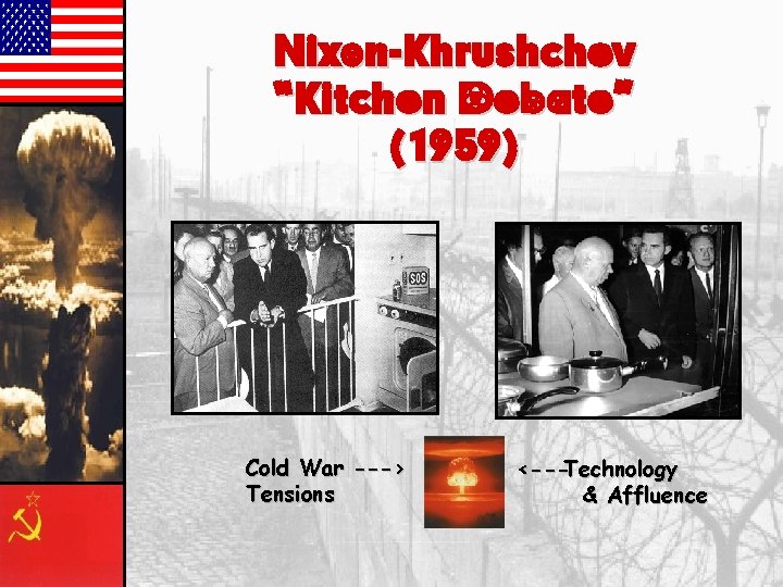 Nixon-Khrushchev “Kitchen Debate” (1959) Cold War ---> Tensions <---Technology & Affluence 