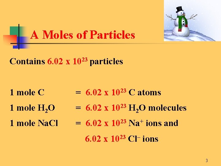 A Moles of Particles Contains 6. 02 x 1023 particles 1 mole C =