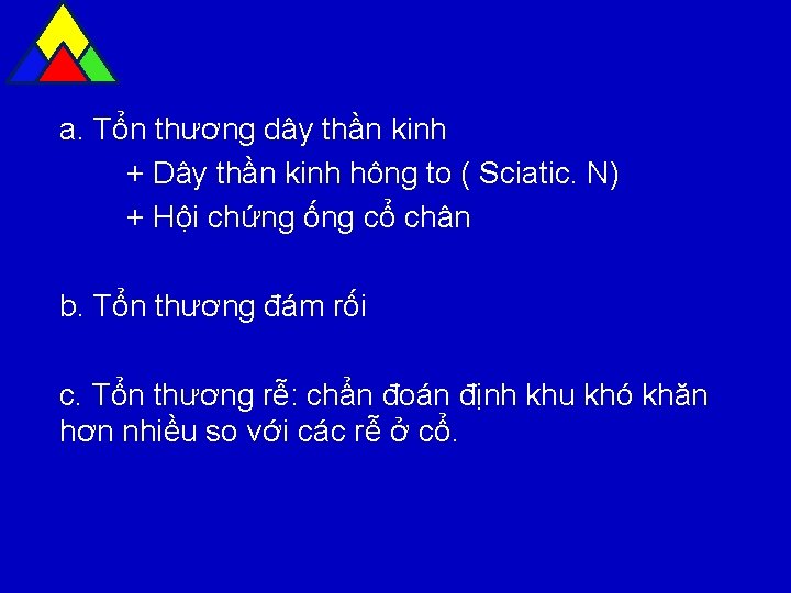 a. Tổn thương dây thần kinh + Dây thần kinh hông to ( Sciatic.