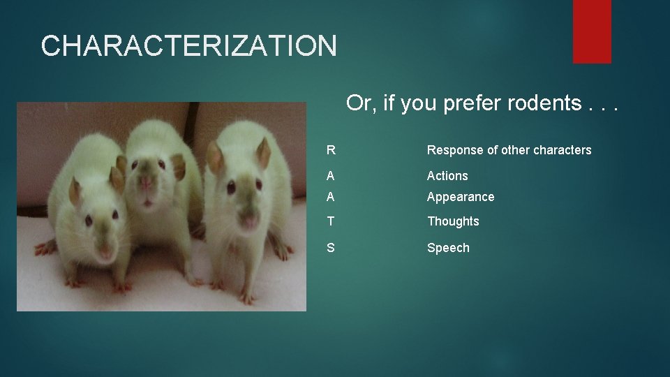 CHARACTERIZATION Or, if you prefer rodents. . . R Response of other characters A