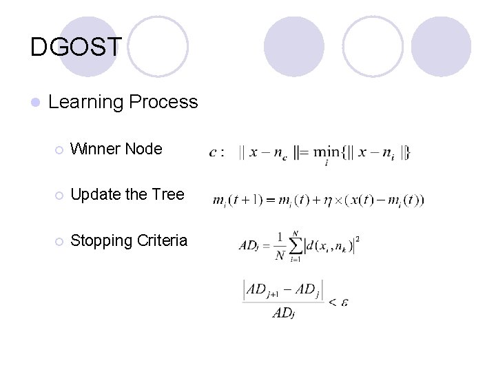 DGOST l Learning Process ¡ Winner Node ¡ Update the Tree ¡ Stopping Criteria DGOST l Learning Process ¡ Winner Node ¡ Update the Tree ¡ Stopping Criteria