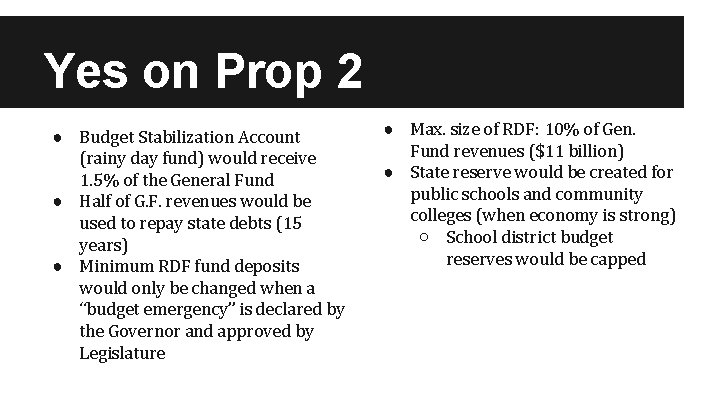Yes on Prop 2 ● Budget Stabilization Account (rainy day fund) would receive 1.