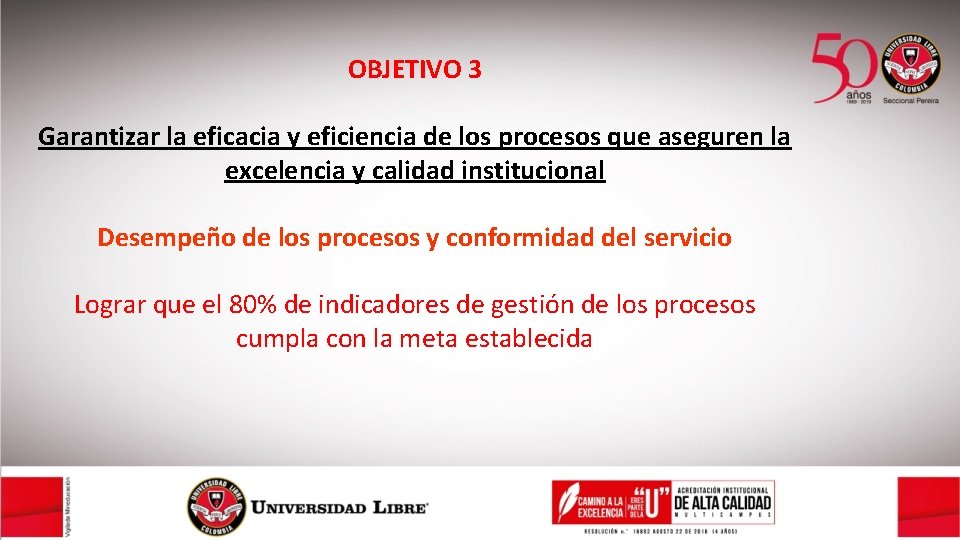 OBJETIVO 3 Garantizar la eficacia y eficiencia de los procesos que aseguren la excelencia