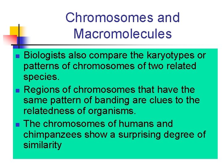 Chromosomes and Macromolecules n n n Biologists also compare the karyotypes or patterns of Chromosomes and Macromolecules n n n Biologists also compare the karyotypes or patterns of