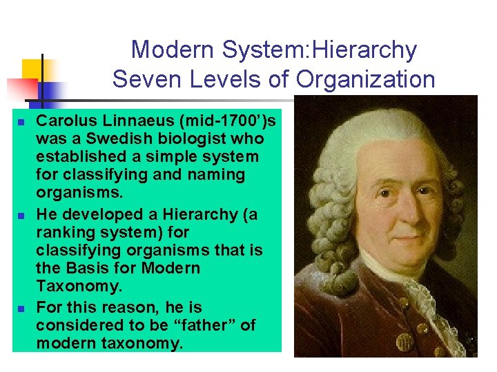 Modern System: Hierarchy Seven Levels of Organization n Carolus Linnaeus (mid-1700’)s was a Swedish Modern System: Hierarchy Seven Levels of Organization n Carolus Linnaeus (mid-1700’)s was a Swedish