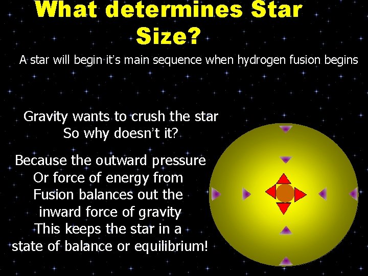 What determines Star Size? A star will begin it’s main sequence when hydrogen fusion