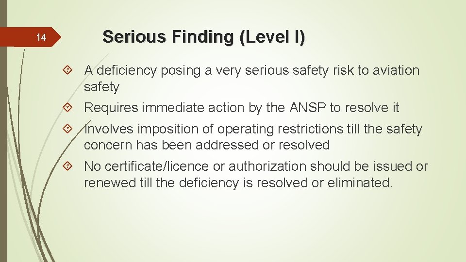 14 Serious Finding (Level I) A deficiency posing a very serious safety risk to