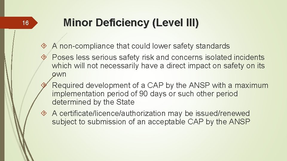 16 Minor Deficiency (Level III) A non-compliance that could lower safety standards Poses less