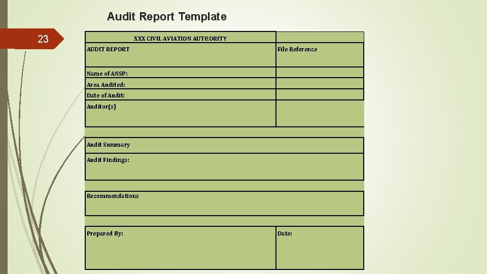 Audit Report Template 23 XXX CIVIL AVIATION AUTHORITY AUDIT REPORT File Reference Name of