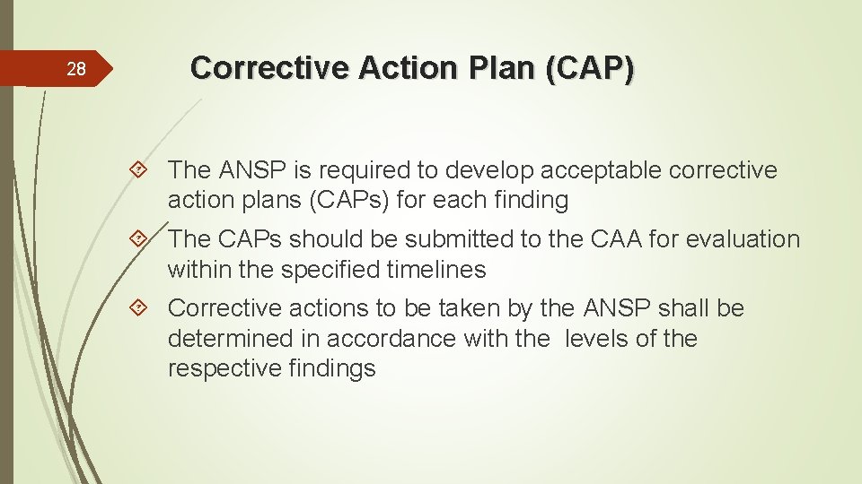 28 Corrective Action Plan (CAP) The ANSP is required to develop acceptable corrective action