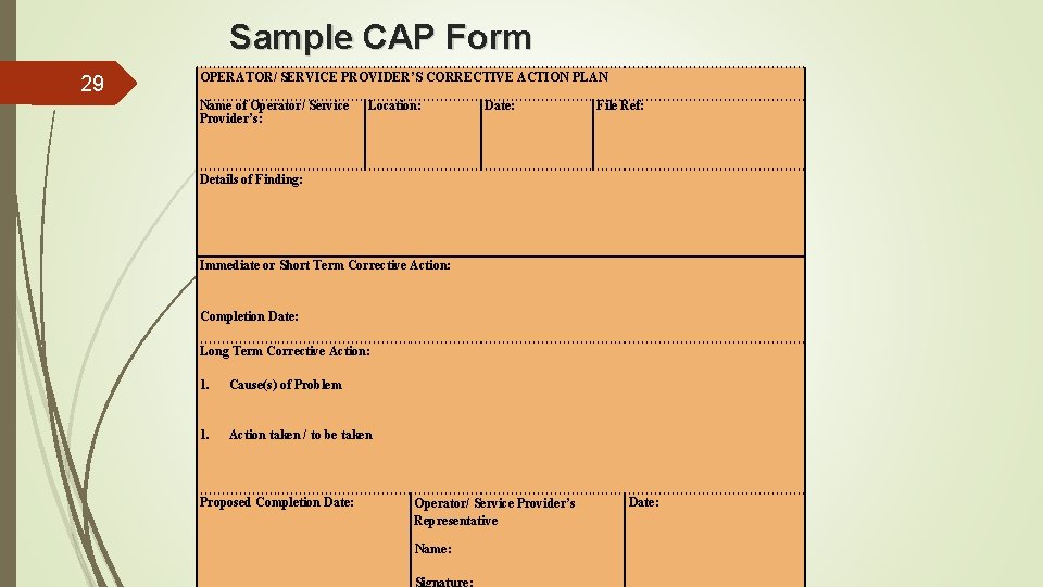 Sample CAP Form 29 OPERATOR/ SERVICE PROVIDER’S CORRECTIVE ACTION PLAN Name of Operator/ Service