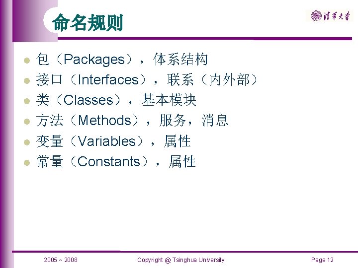 命名规则 包（Packages），体系结构 接口（Interfaces），联系（内外部） 类（Classes），基本模块 方法（Methods），服务，消息 变量（Variables），属性 常量（Constants），属性 2005 ~ 2008 Copyright @ Tsinghua University