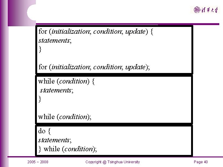 for (initialization; condition; update) { statements; } for (initialization; condition; update); while (condition) {