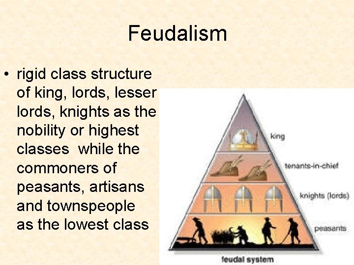 Feudalism • rigid class structure of king, lords, lesser lords, knights as the nobility