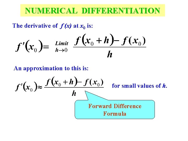 NUMERICAL DIFFERENTIATION The derivative of f (x) at x 0 is: An approximation to