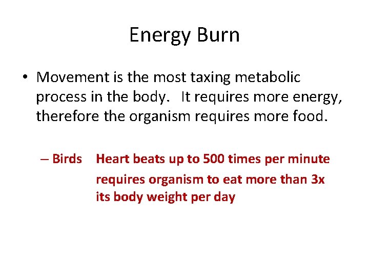 Energy Burn • Movement is the most taxing metabolic process in the body. It