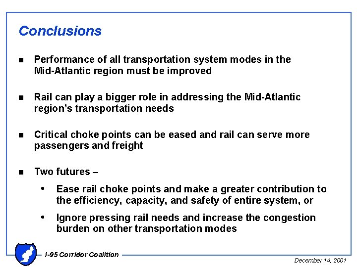 Conclusions n Performance of all transportation system modes in the Mid-Atlantic region must be