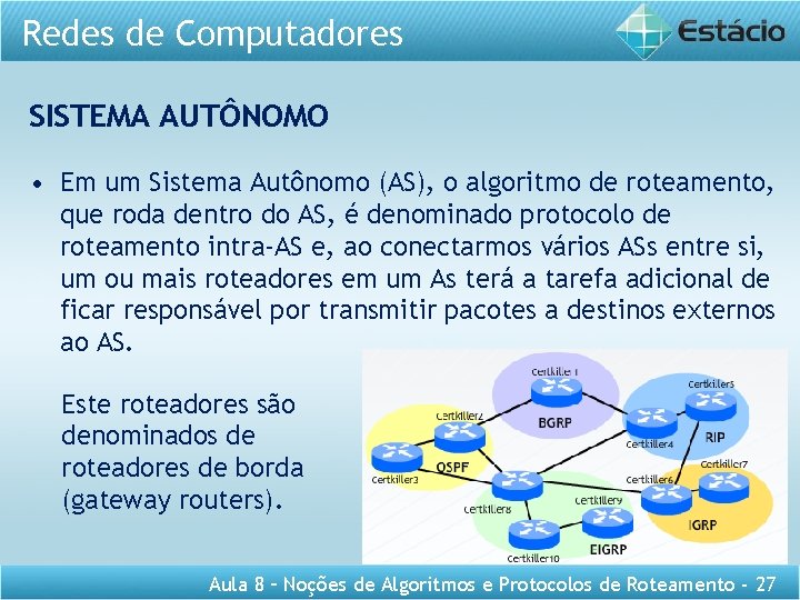 Redes de Computadores SISTEMA AUTÔNOMO • Em um Sistema Autônomo (AS), o algoritmo de