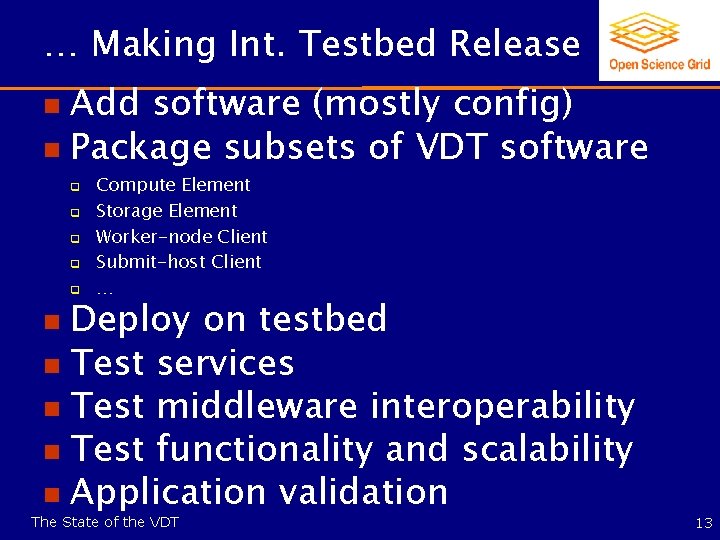 … Making Int. Testbed Release Add software (mostly config) n Package subsets of VDT