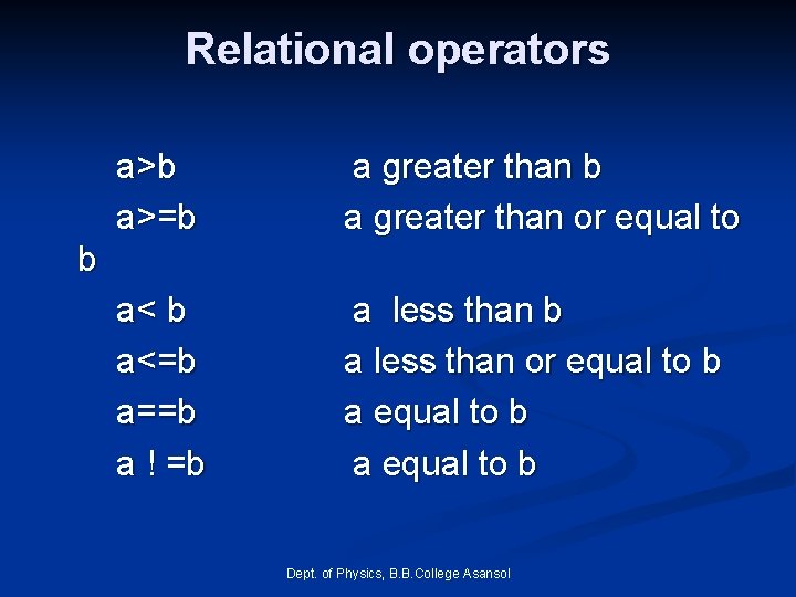 Relational operators a>b a>=b a greater than or equal to a< b a<=b a==b Relational operators a>b a>=b a greater than or equal to a< b a<=b a==b