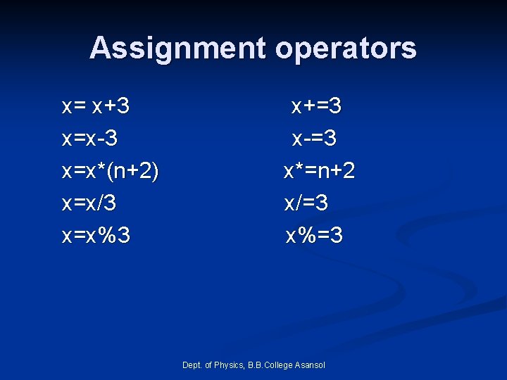 Assignment operators x= x+3 x=x-3 x=x*(n+2) x=x/3 x=x%3 x+=3 x-=3 x*=n+2 x/=3 x%=3 Dept. Assignment operators x= x+3 x=x-3 x=x*(n+2) x=x/3 x=x%3 x+=3 x-=3 x*=n+2 x/=3 x%=3 Dept.