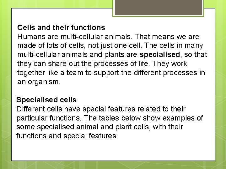 Cells and their functions Humans are multi-cellular animals. That means we are made of Cells and their functions Humans are multi-cellular animals. That means we are made of
