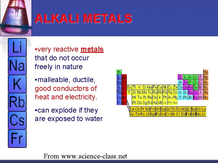 ALKALI METALS • very reactive metals that do not occur freely in nature •
