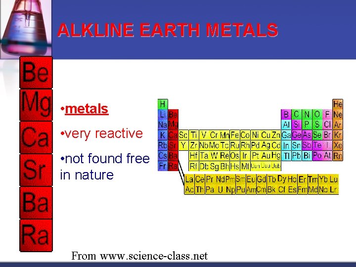 ALKLINE EARTH METALS • metals • very reactive • not found free in nature