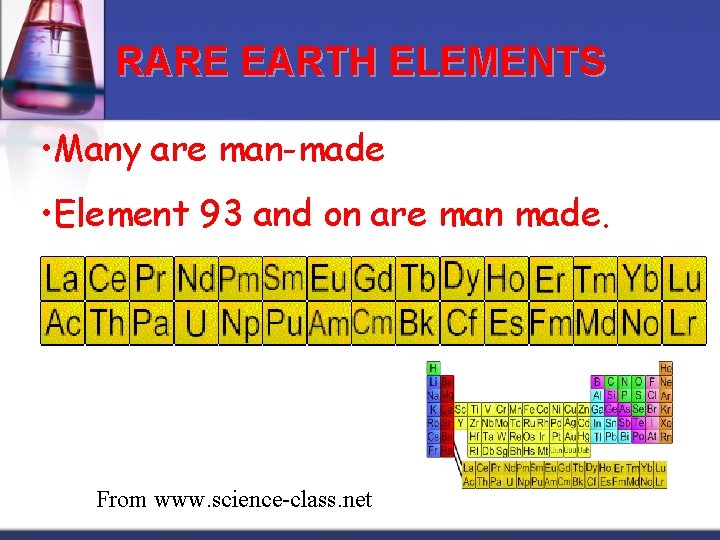 RARE EARTH ELEMENTS • Many are man-made • Element 93 and on are man