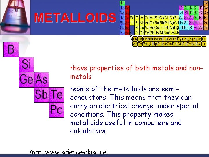 METALLOIDS • have properties of both metals and nonmetals • some of the metalloids
