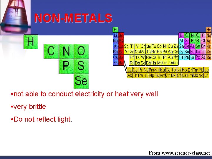 NON-METALS • not able to conduct electricity or heat very well • very brittle