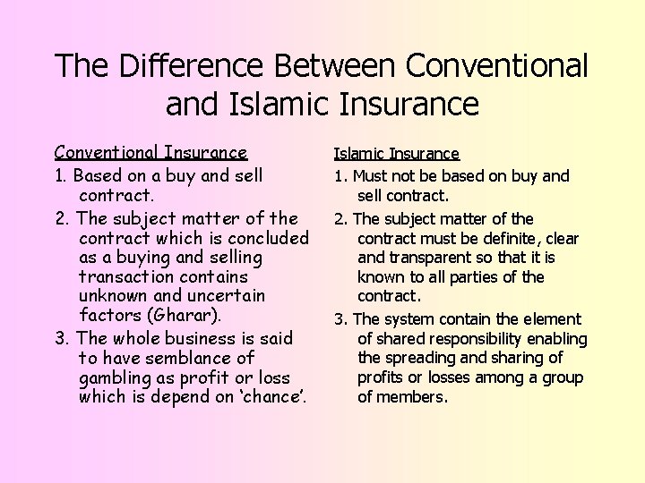 The Difference Between Conventional and Islamic Insurance Conventional Insurance 1. Based on a buy