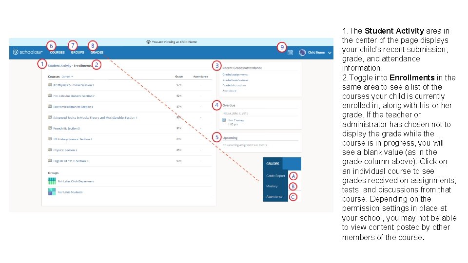 1. The Student Activity area in the center of the page displays your child’s