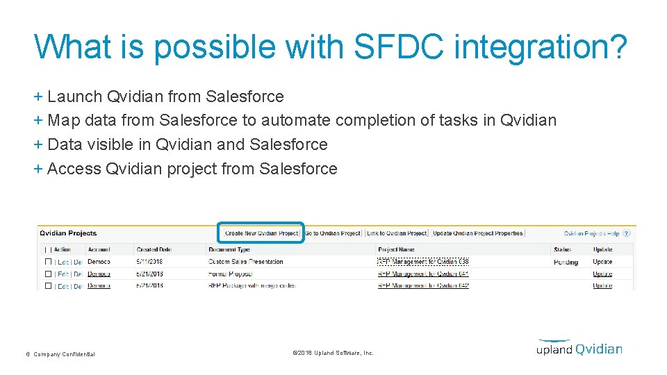 What is possible with SFDC integration? + Launch Qvidian from Salesforce + Map data