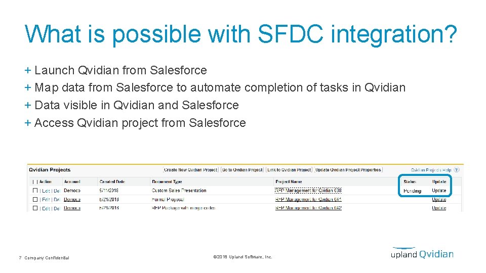 What is possible with SFDC integration? + Launch Qvidian from Salesforce + Map data