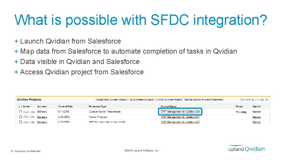 What is possible with SFDC integration? + Launch Qvidian from Salesforce + Map data